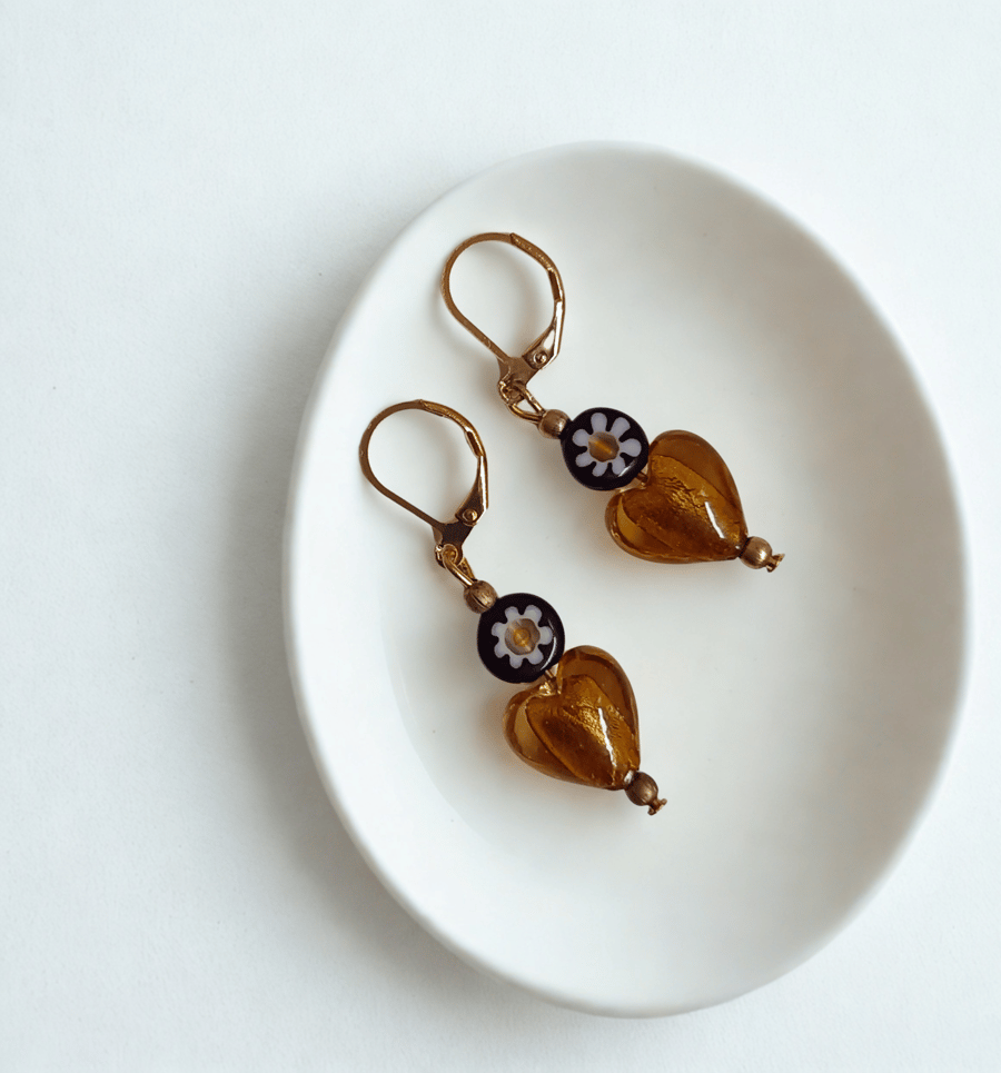 Amber Glass Heart Earrings 