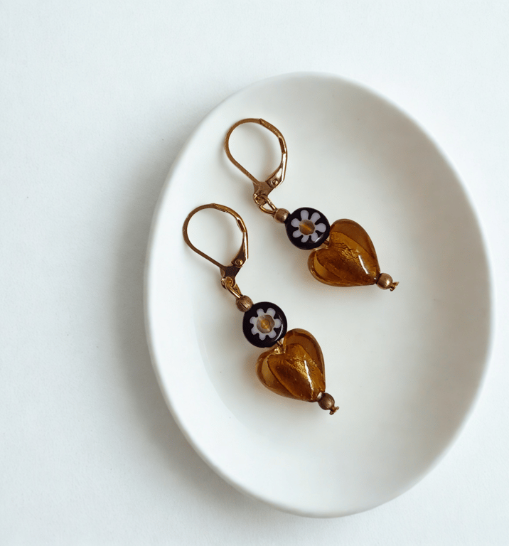 Amber Glass Heart Earrings 