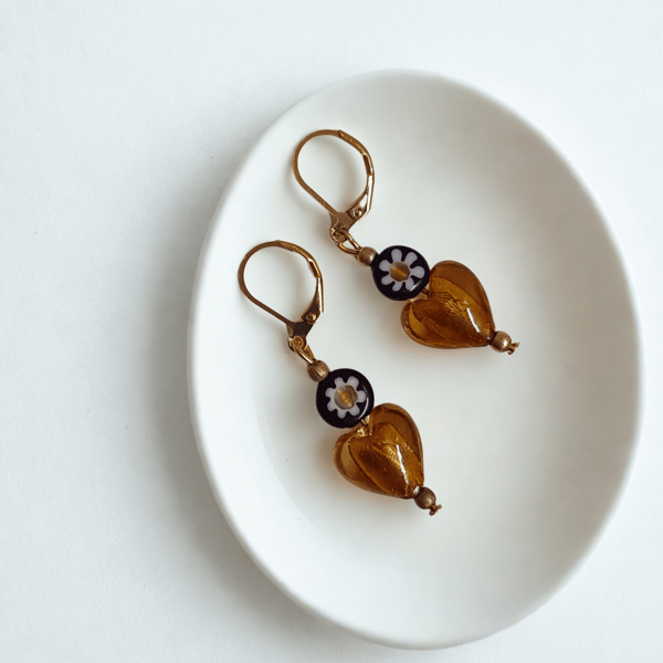 Amber Glass Heart Earrings 