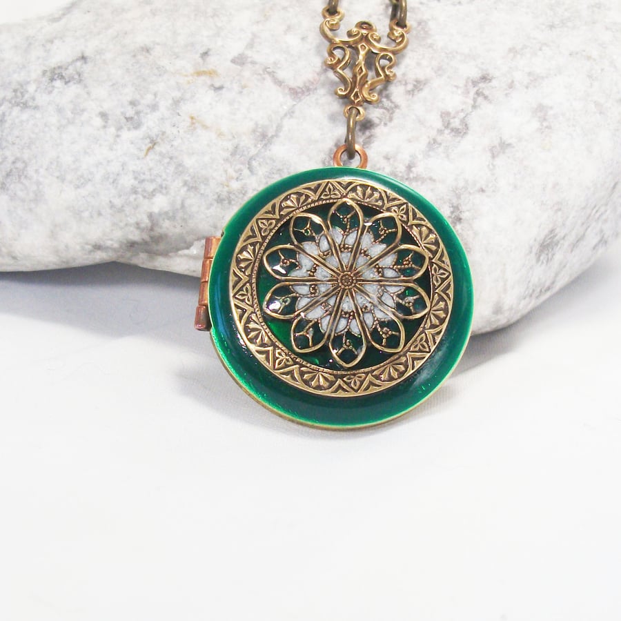 Emerald Filigree Brass Vintage Locket.