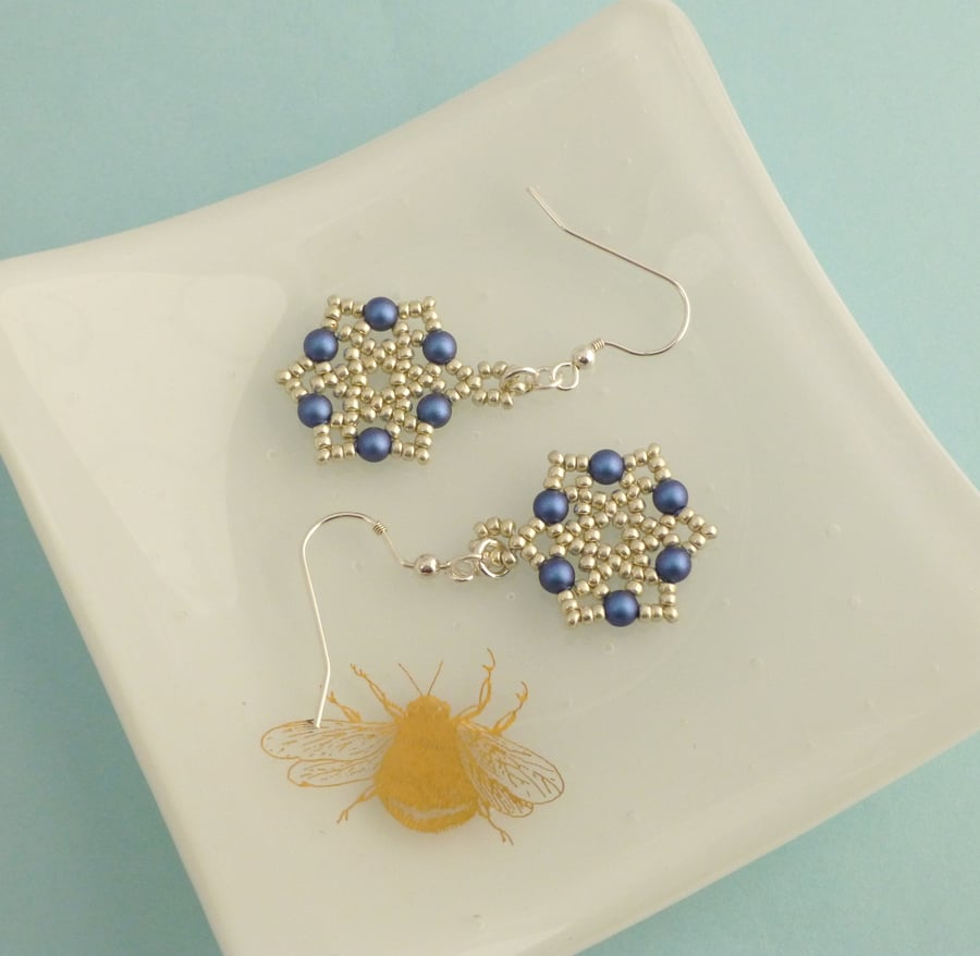 Silver and Dark Iridescent Blue Snowflake Earrings 