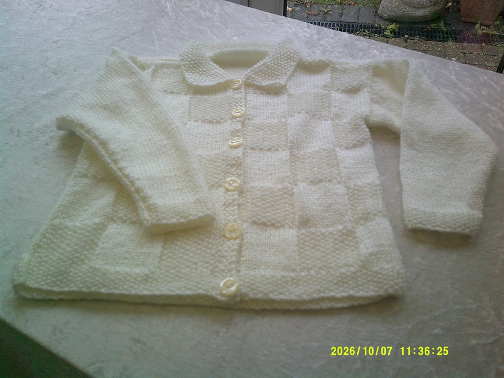 24 inch Cream Cardigan with Moss Stitch Squares and collar