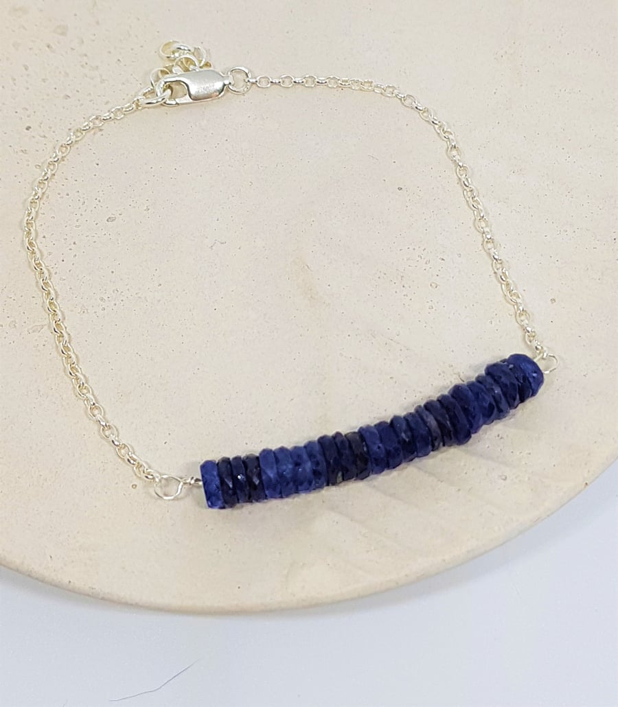 Sapphire Faceted Disc Gemstone Sterling Silver Stacking Bar Bracelet
