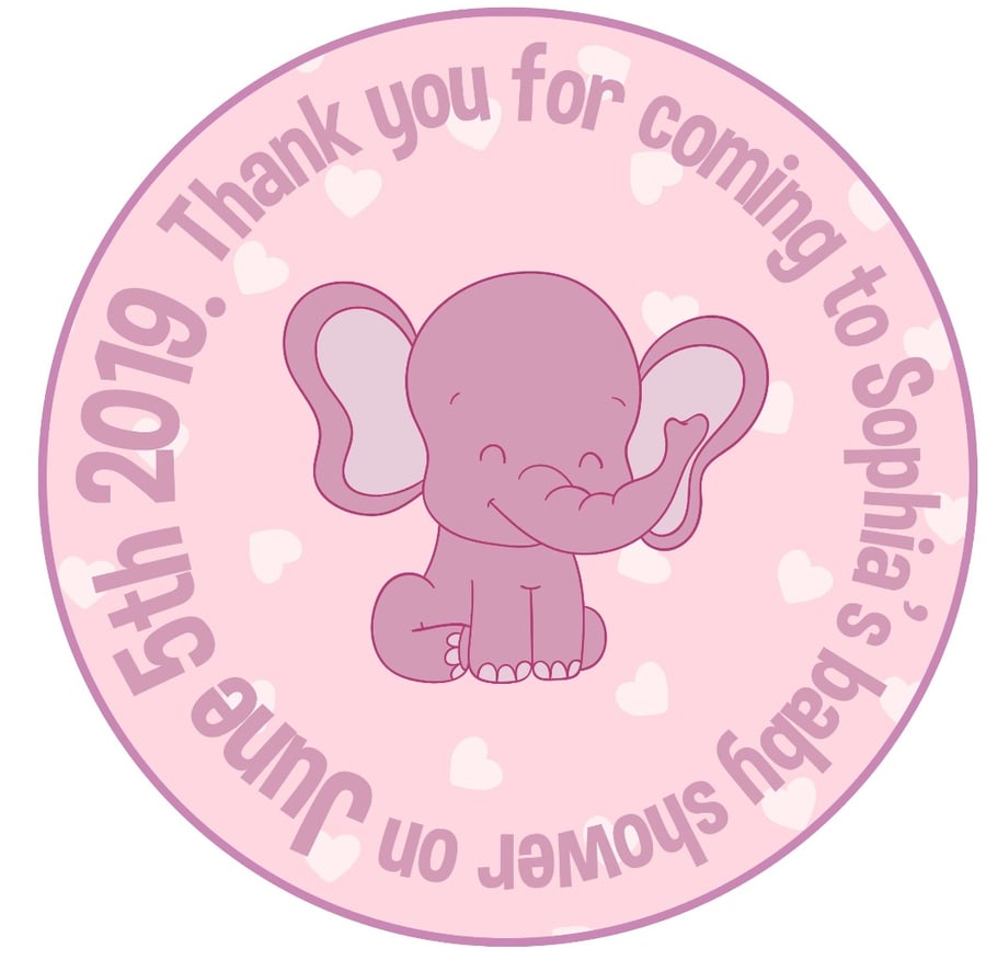 Pink Glossy Elephant Baby Shower Birthday Style Circle Labels