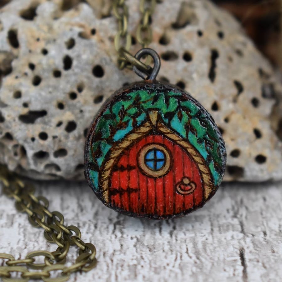 Red fairy door pyrography mini wood pendant, branch slice necklace. 