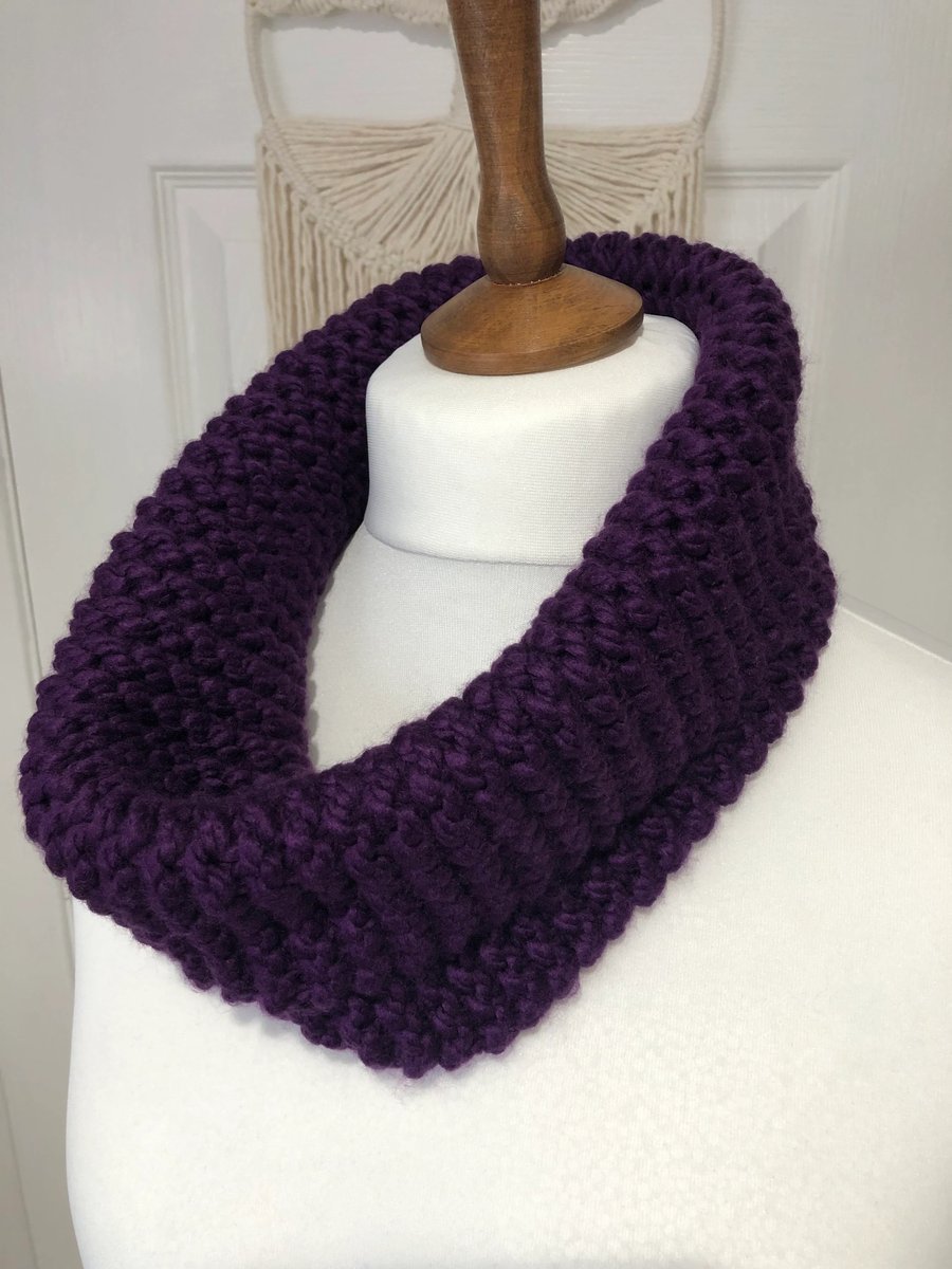 Chunky Cowl Rich Dark Purple Neck warmer woollen 7" deep x 24" around