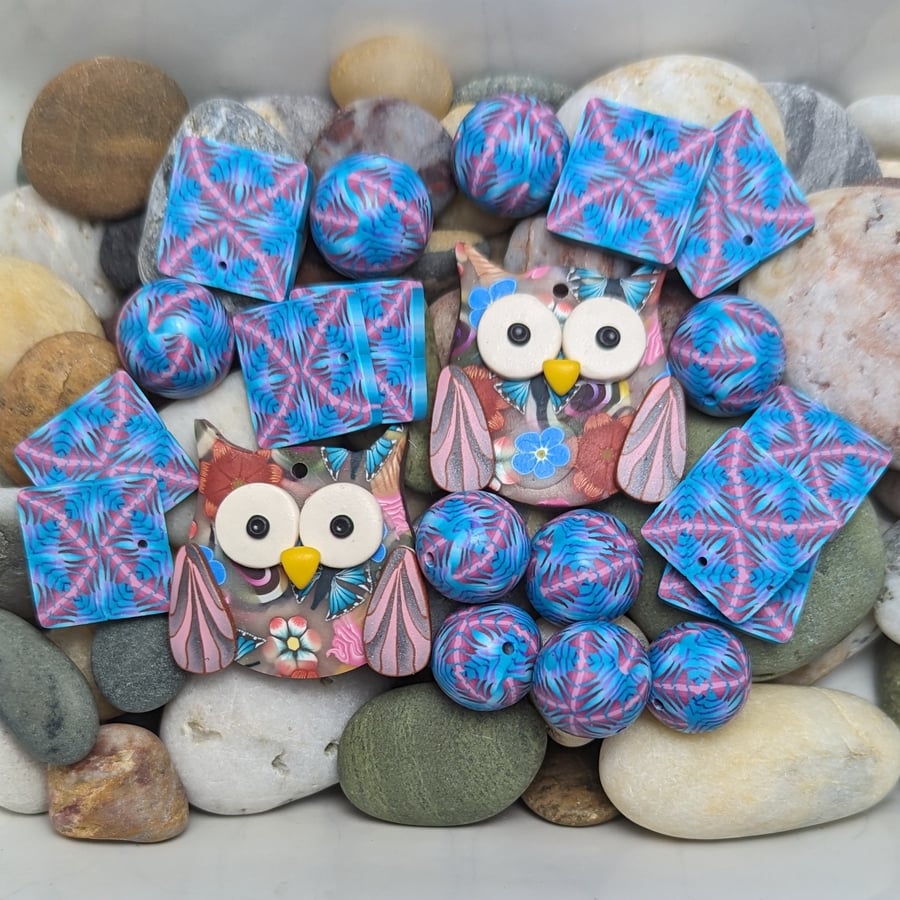 Pink and Blue Polymer Clay Beads and Pendants 