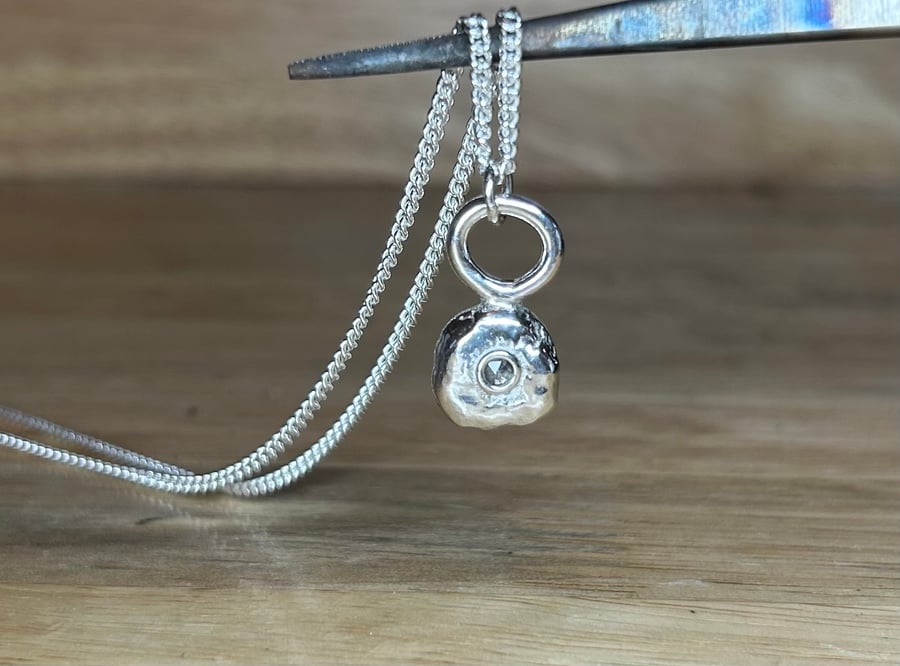 Handmade Solid Sterling Silver Nugget Pendant With a Grey Rose Cut Diamond