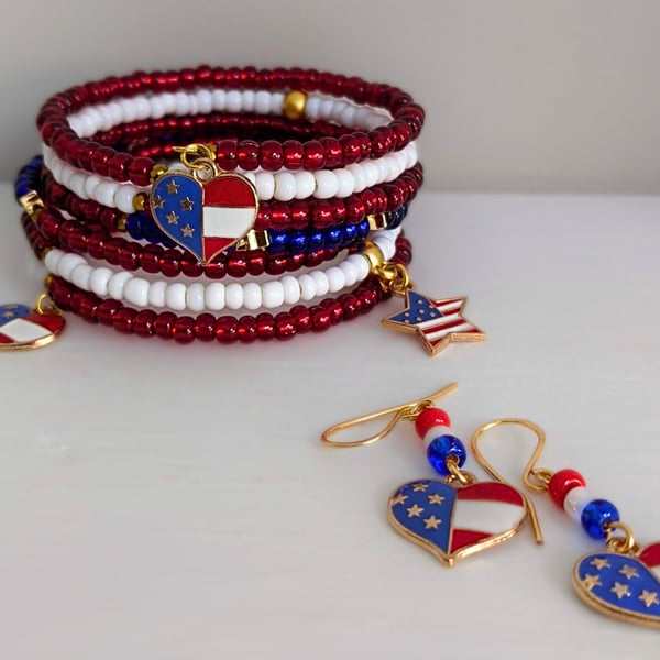 Memory Wire American Patriotic Bracelet,  Wrap Cuff Bangle and Matching Earrings