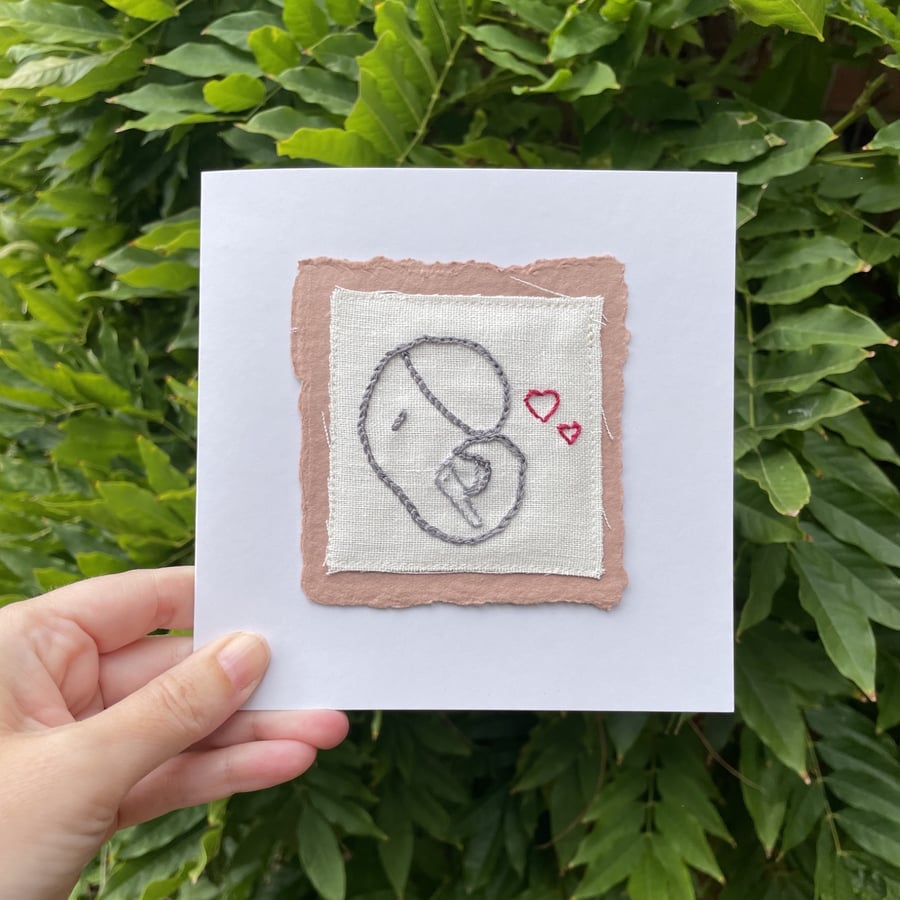 Mummy and Baby Elephant,  'new baby' hand embroidered keepsake card