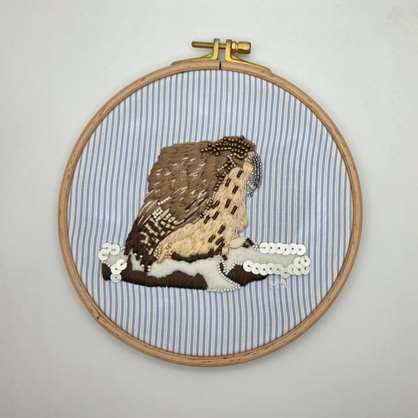 Blakiston's Fish-Owl embroidery hoop art