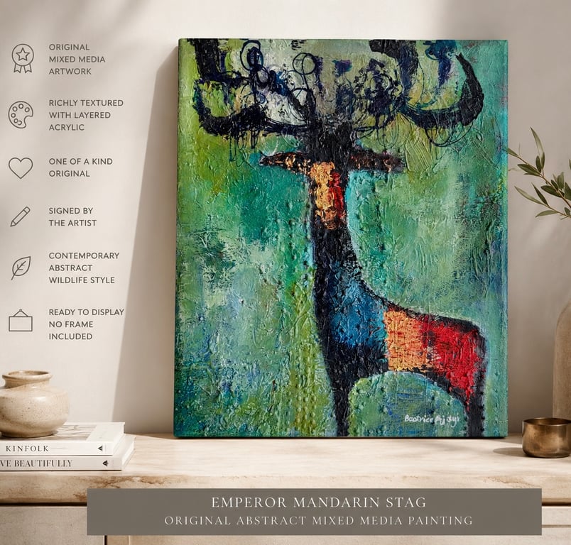 Emperor Mandarin Stag Original Abstract Mixed Media Deer Painting - Textured C