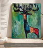 Emperor Mandarin Stag Original Abstract Mixed Media Deer Painting - Textured C