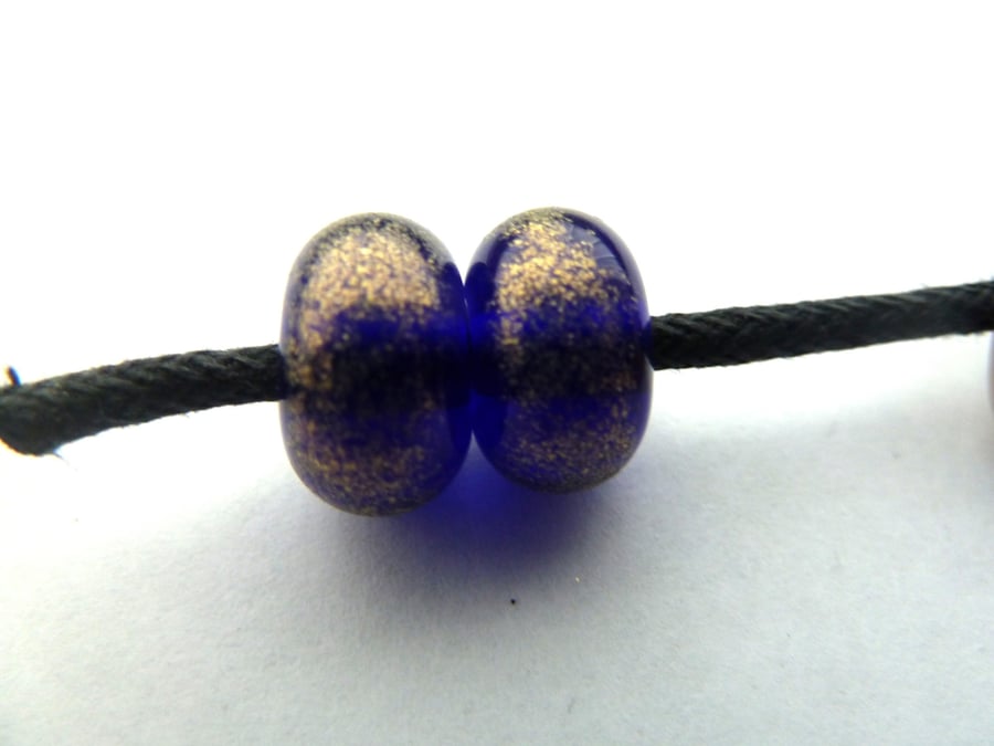 blue and gold glitter, handmade lampwork glass beads