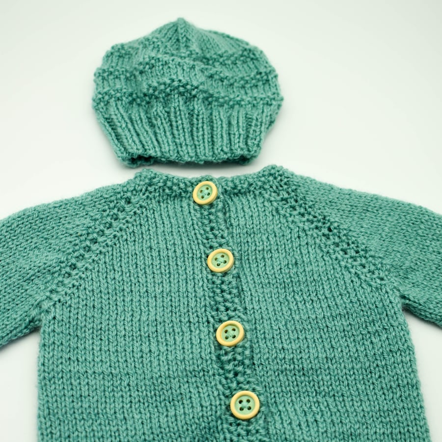 Hand Knitted baby cardigan and hat set in green 0 - 3 months