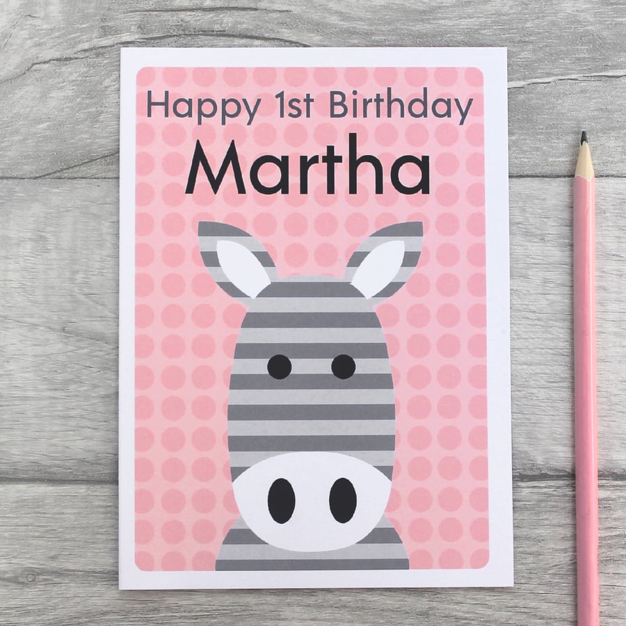 Personalised 1st, 2nd, 3rd, 4th, 5th Zebra Birthday Card, Childrens Animal Card