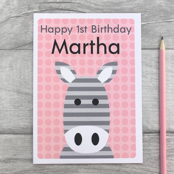 Personalised 1st, 2nd, 3rd, 4th, 5th Zebra Birthday Card, Childrens Animal Card