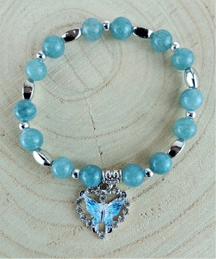 Aquamarine Gemstone Bracelet With Rhinestone Heart Butterfly Charm