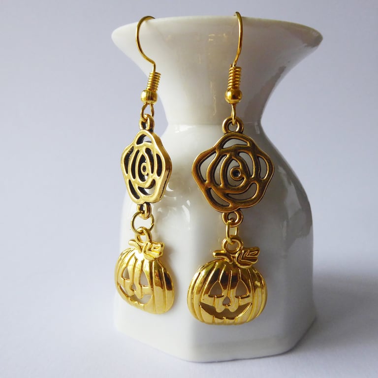 Golden Rose & Pumpkin Earrings with Gold Plated Ear Wires