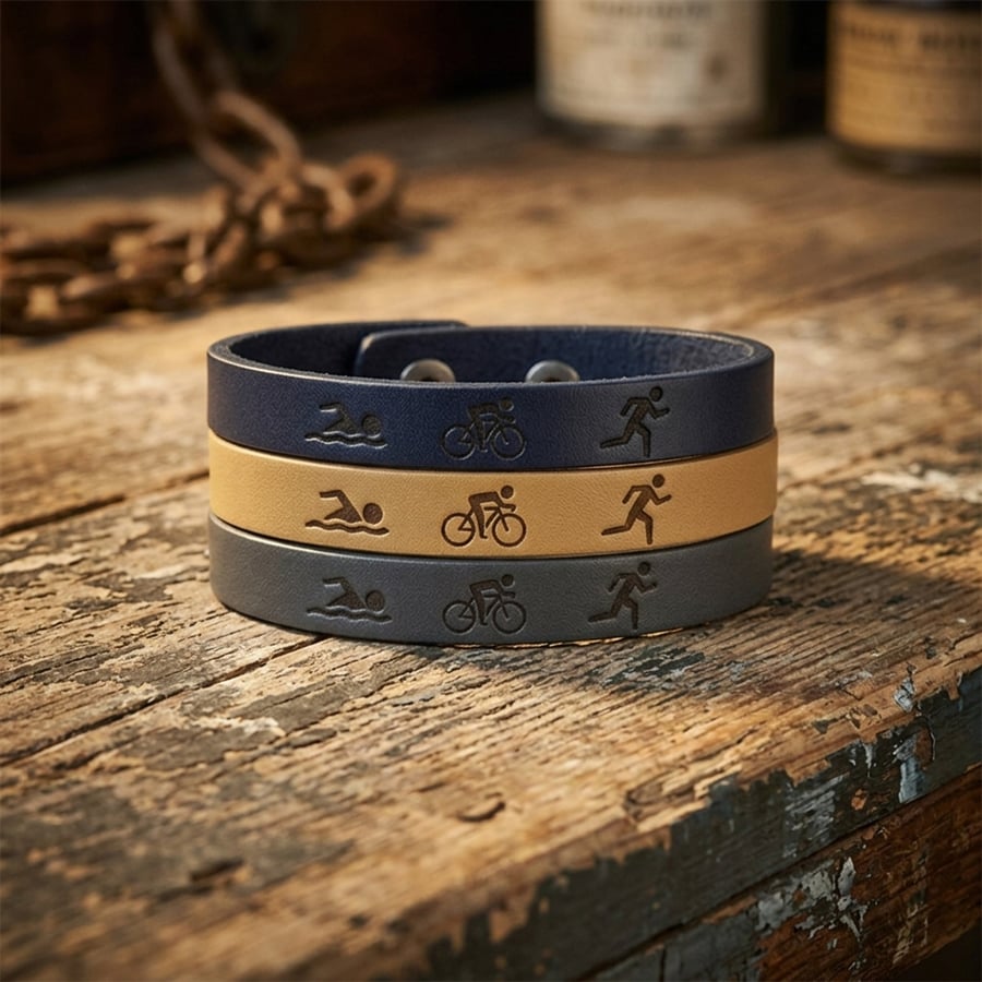Triathlon Bracelet personalised leather - choice of colours - adjustable length