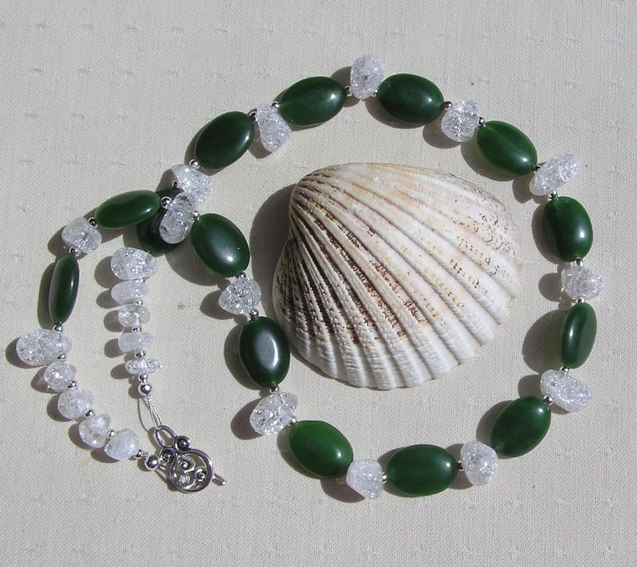 Clear Quartz & Nephrite Jade Crystal Gemstone Statement Necklace "Sage Ice"