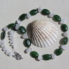 Clear Quartz & Nephrite Jade Gemstone Statement Beaded Necklace "Sage Ice"