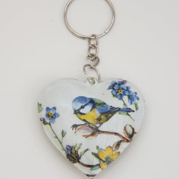 Bluetit keyring, decoupaged metal heart keyring, bird lover gift 