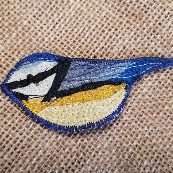 Blue tit textile brooch