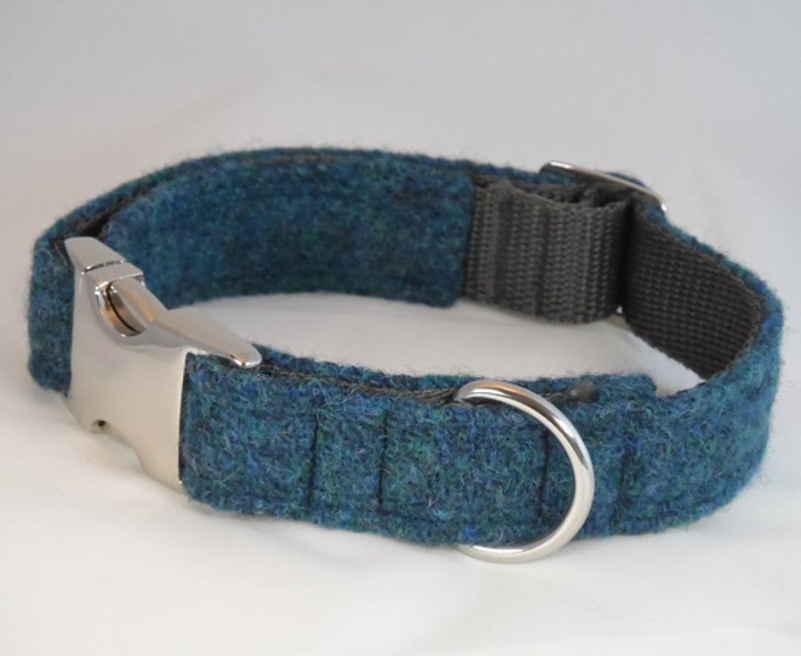 Handmade Harris Tweed Dog Collar - Plain Dark Blue Mix 