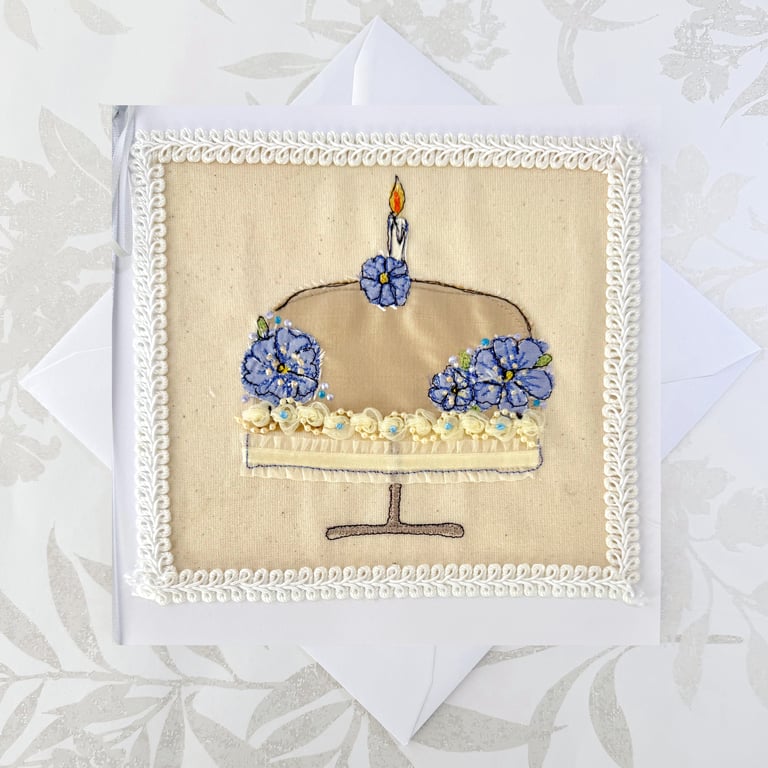 Textile art Birthday card - birthday cake flowers candle