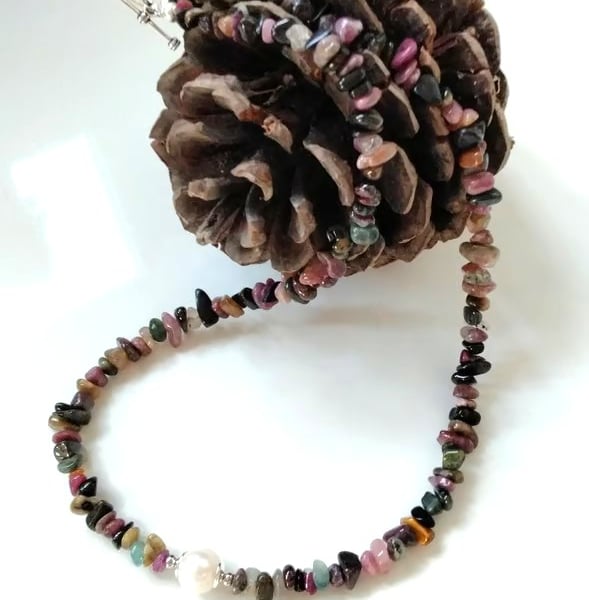 Freshwater Pearl & Multicoloured Tourmaline Gemstone Nugget Necklace 