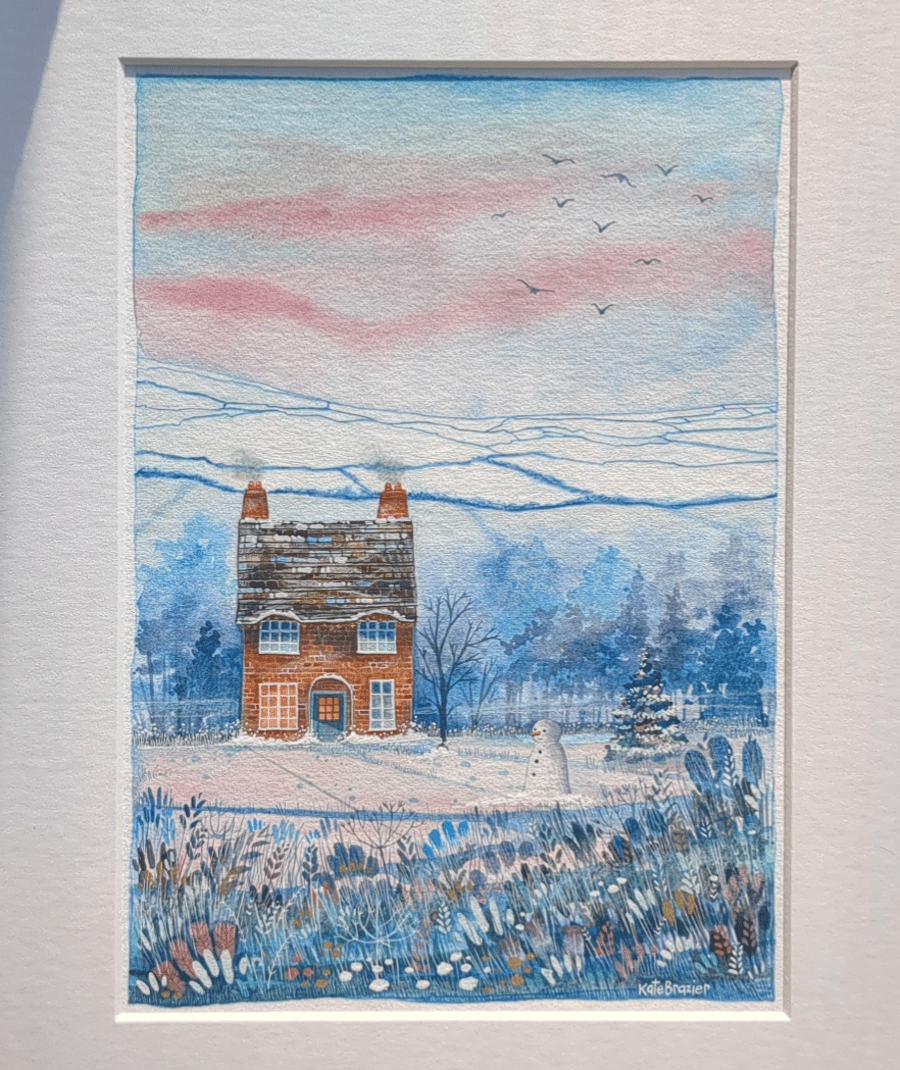 Snowman Cottage - Original Mixed media painting on Hahnemuhle paper. Framed