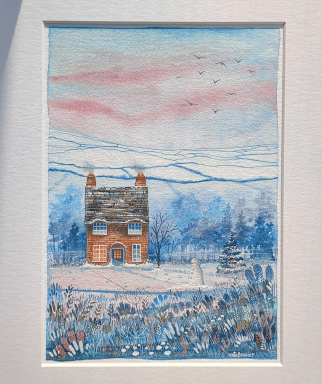 Snowman Cottage - Original Mixed media painting on Hahnemuhle paper. Framed
