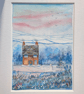Snowman Cottage - Original Mixed media painting on Hahnemuhle paper. Framed