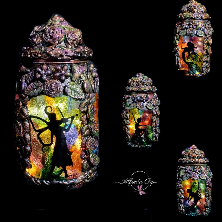 Dancers of the Meadow Fairys in a Jar Handmade Stained glass effect