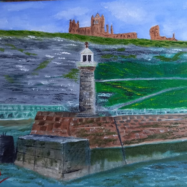 Whitby Harbour Lighthouse Oil Painting 