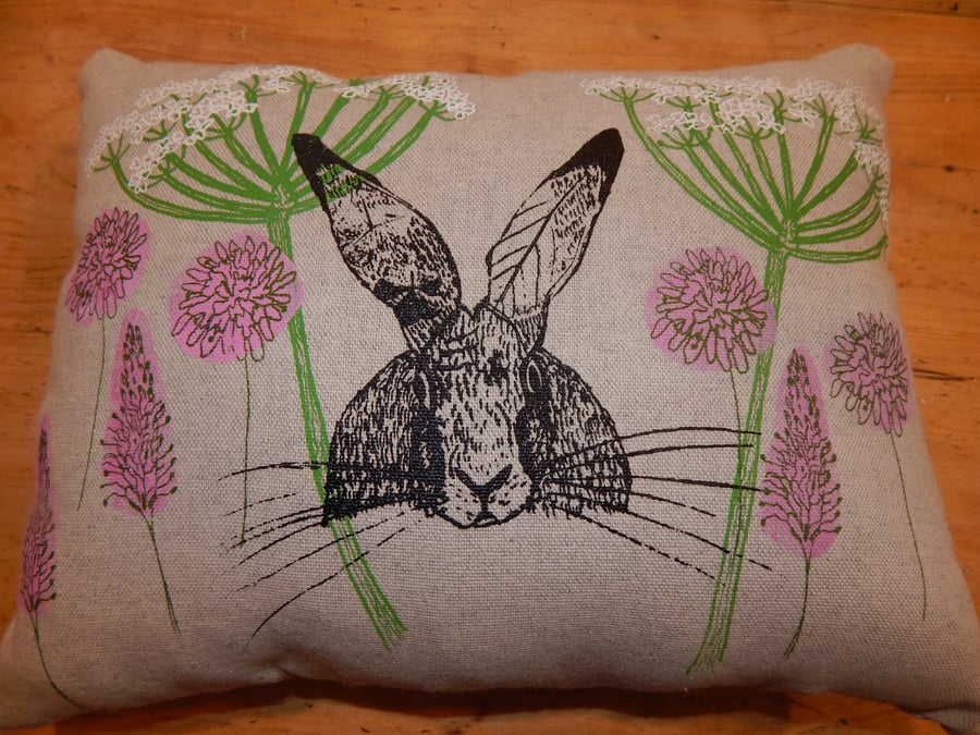 Beige Hare and Wild flower screen printed small cushion. 33cm x 26cm
