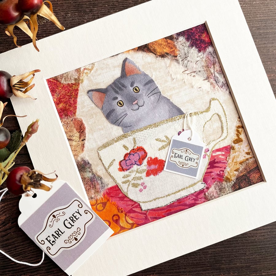 Mixed media cat artwork, grey tabby collage, gift for cat lover