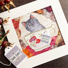 Mixed media cat artwork, grey tabby collage, gift for cat lover