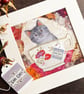 Mixed media cat artwork, grey tabby collage, gift for cat lover