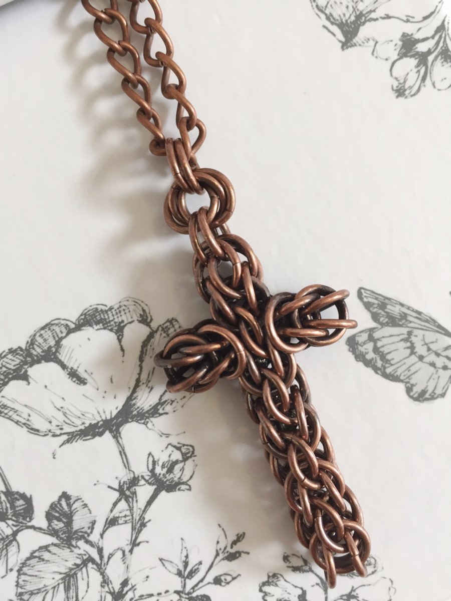 Dark Copper Cross Pendant Necklace, Chainmaille Cross, Thoughtful Christian Gift