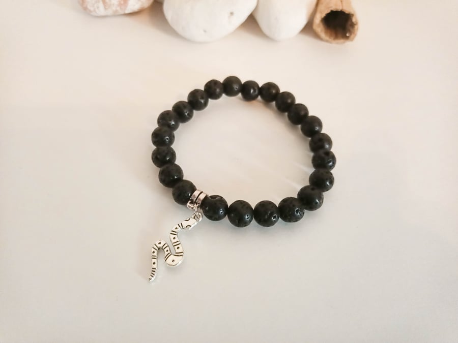 Black Lava Bead Bracelet with Snake Charm - Small Medium Men's or Large Women's
