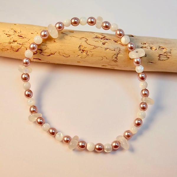 Moonstone, Mother Of Pearl And Czech Glass Pearl Bracelet - Handmade In Devon.