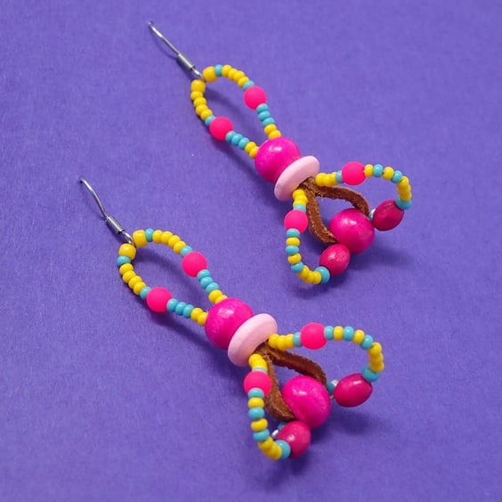 Bright, Colourful Statement Earrings, beaded with neon pink glass beads