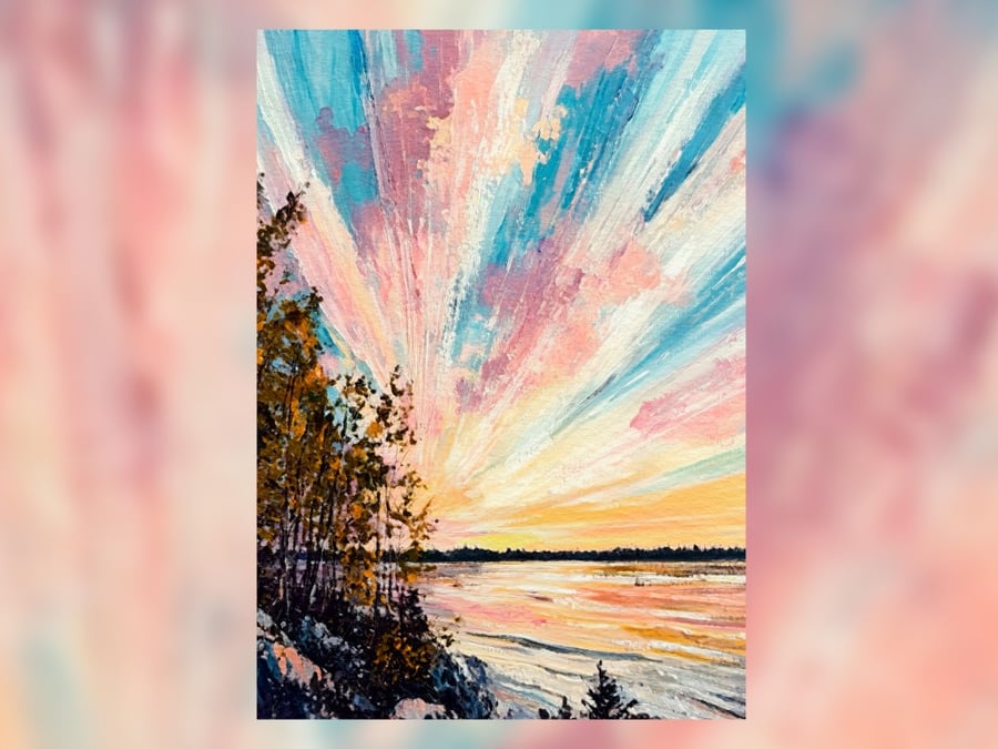 Radiant Sunset, Vivid Sky & Landscape with Bold Brushstrokes 5"x7" Matte Paper