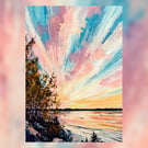 Radiant Sunset, Vivid Sky & Landscape with Bold Brushstrokes 5"x7" Matte Paper