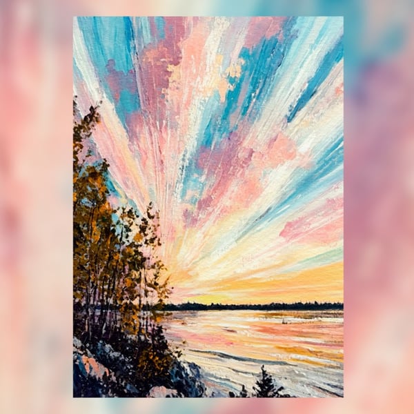 Radiant Sunset, Vivid Sky & Landscape with Bold Brushstrokes 5"x7" Matte Paper
