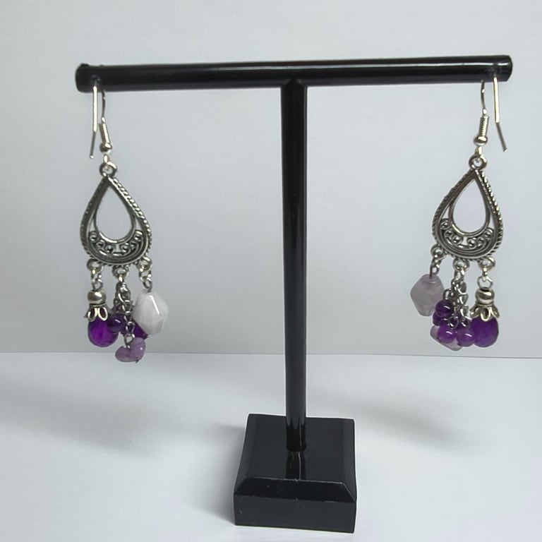 Amethyst Drop Earrings Purple Gemstone Handmade Silver Tone Gift For Her Dangle