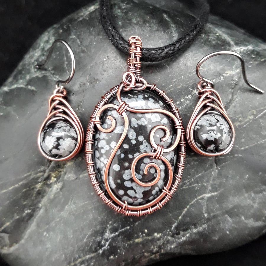 Copper Wire Weave Wrapped Snowflake Obsidian Pendant & Matching Earrings