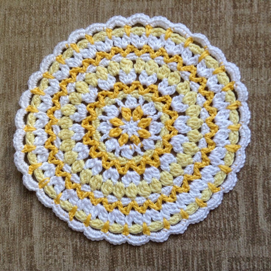 Crochet Mandala Doily Table Mat in Yellow and White